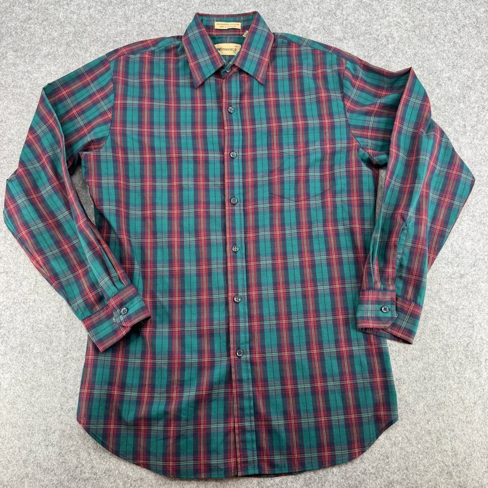 Wedgefield Mens Green Red Plaid Long Sleeve Button Down Shirt Medium Vintage